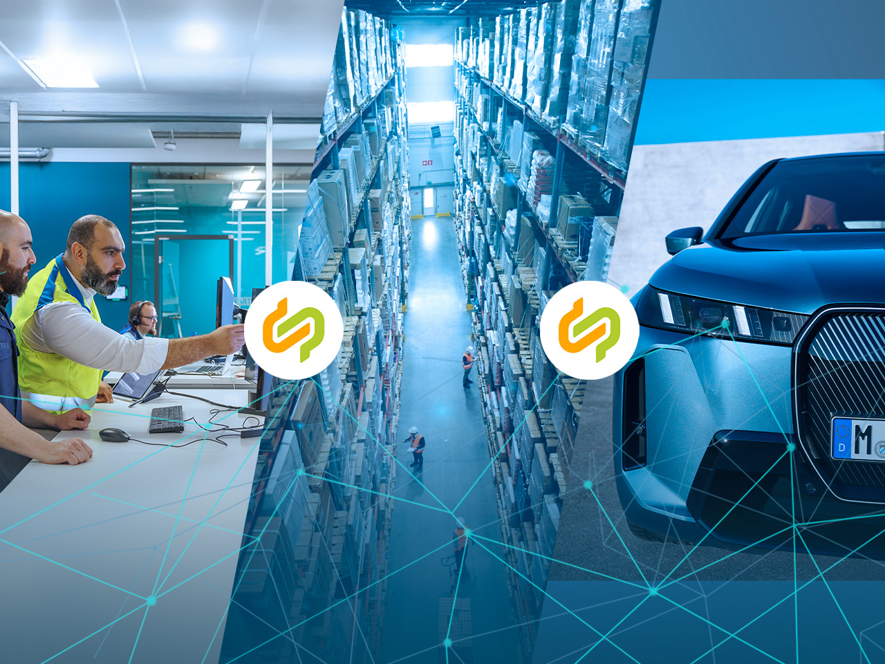 Collage on Catena-X: Employees in an office in front of monitors (left), a warehouse with people working (center), a BMW iX (right) – above it, a network of lines and two Catena-X logos as hubs, symbolizing digital data exchange along the supply chain.