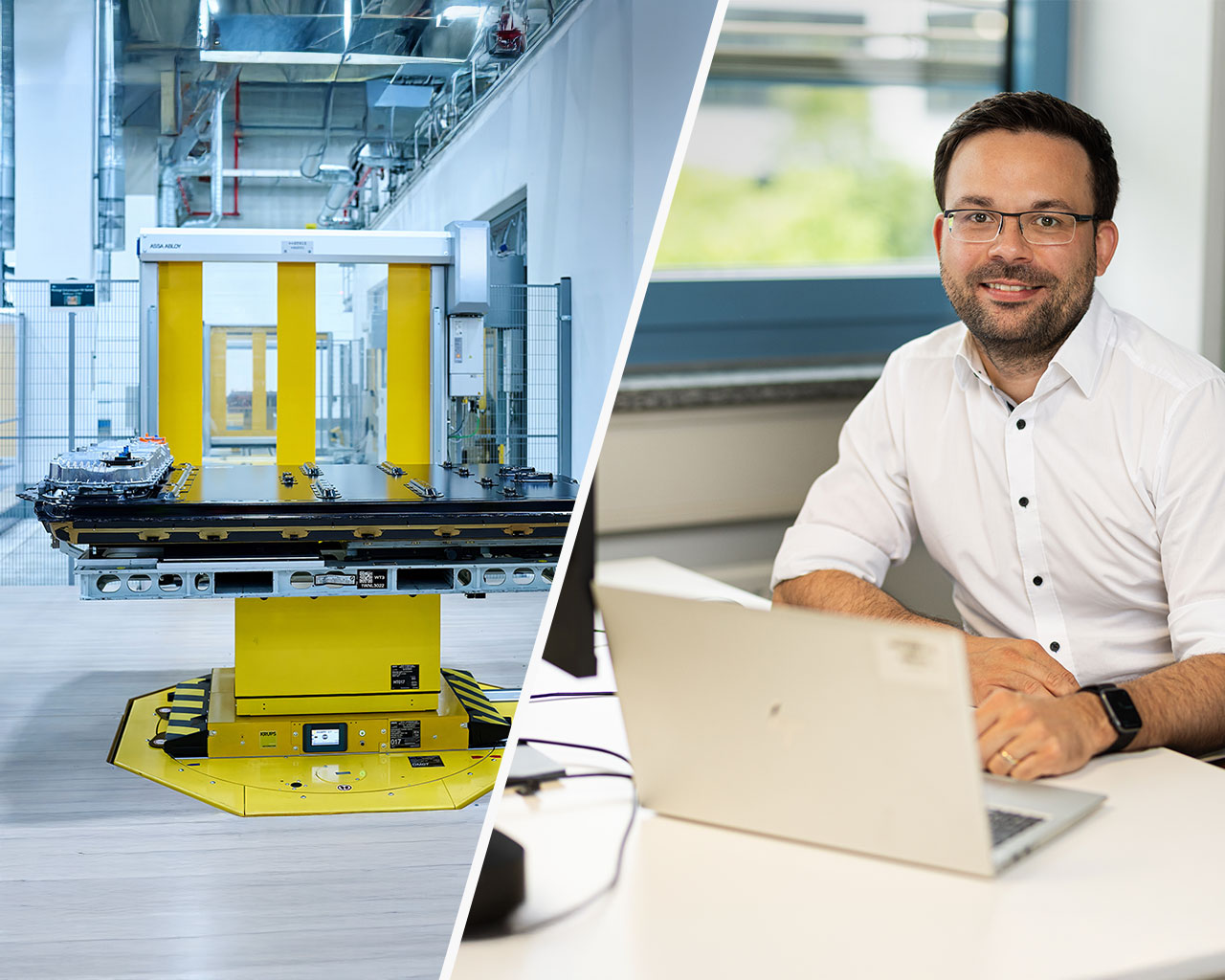 Left: Production of Gen6 high-voltage batteries at the BMW Group / Right: Patrick Zimmerman, data scientist and IT project manager with the BMW Group