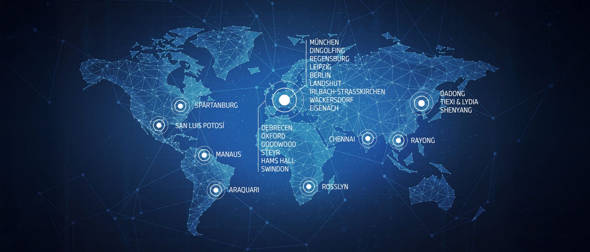 BMW Group Werke auf einer Weltkarte markiert.