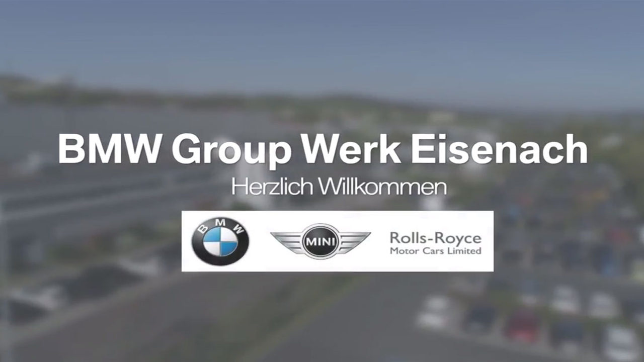 Videoteaser des BMW Group Werk Eisenach mit BMW, MINI und Rolls-Royce Logo.