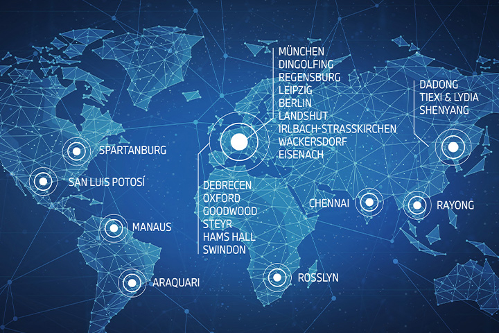 BMW Group plants marked on a world map.