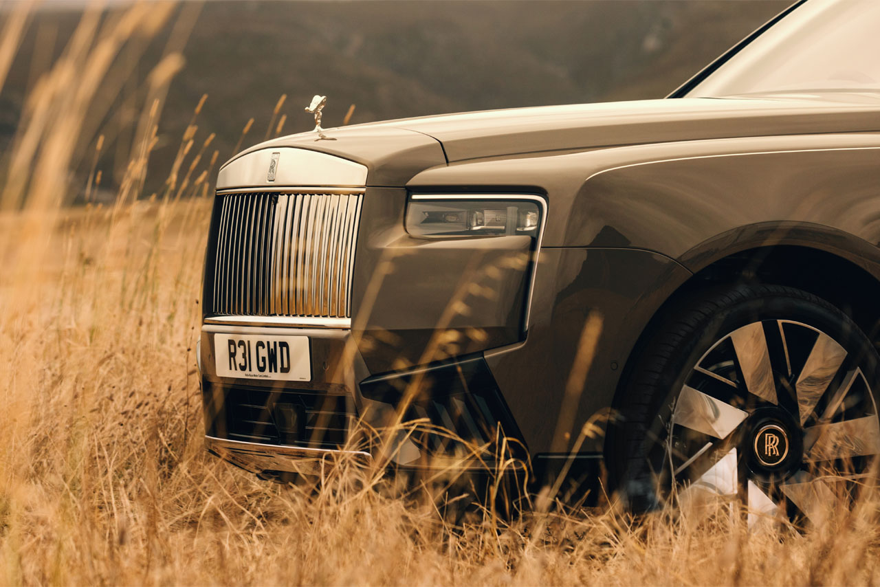  A luxurious Rolls Royce stands parked in a vibrant green field, surrounded by nature.