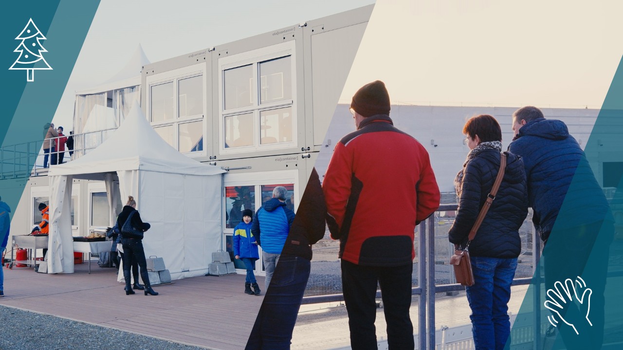 Fotocollage von Menschen, die sich um den Info-Container versammelt haben.