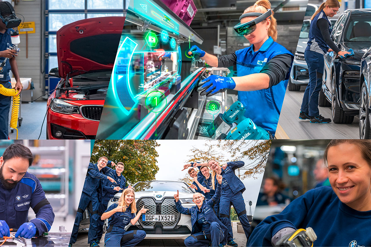 A collage of various employees at work in production at the BMW Group.