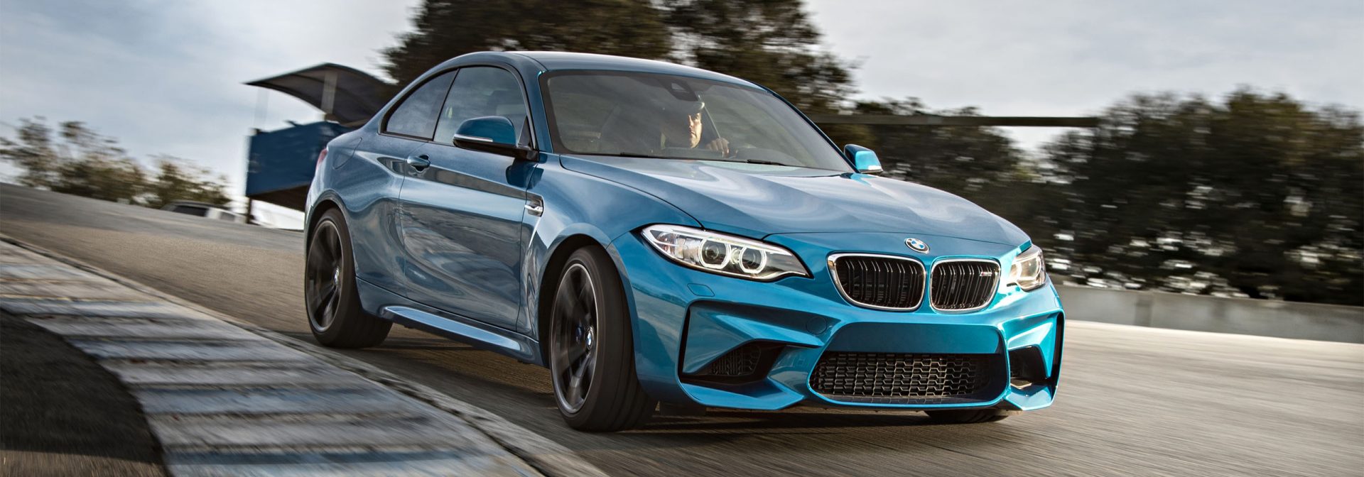 Blue BMW sports car driving on a race track, driver visible, trees in the background.