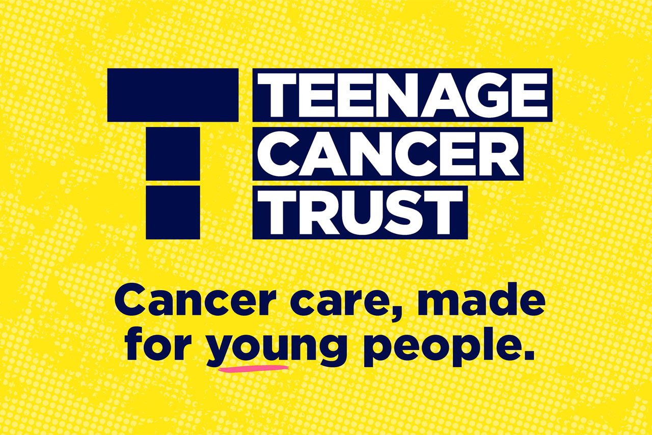 Logo of Teenage Cancer Trust set against a vibrant yellow backdrop.