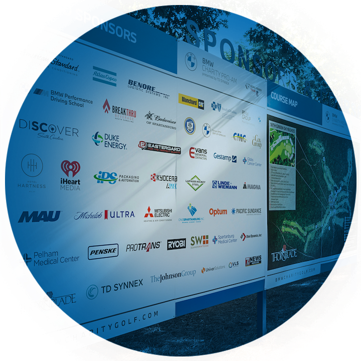 Scoreboard with golfer names and signs of sponsors