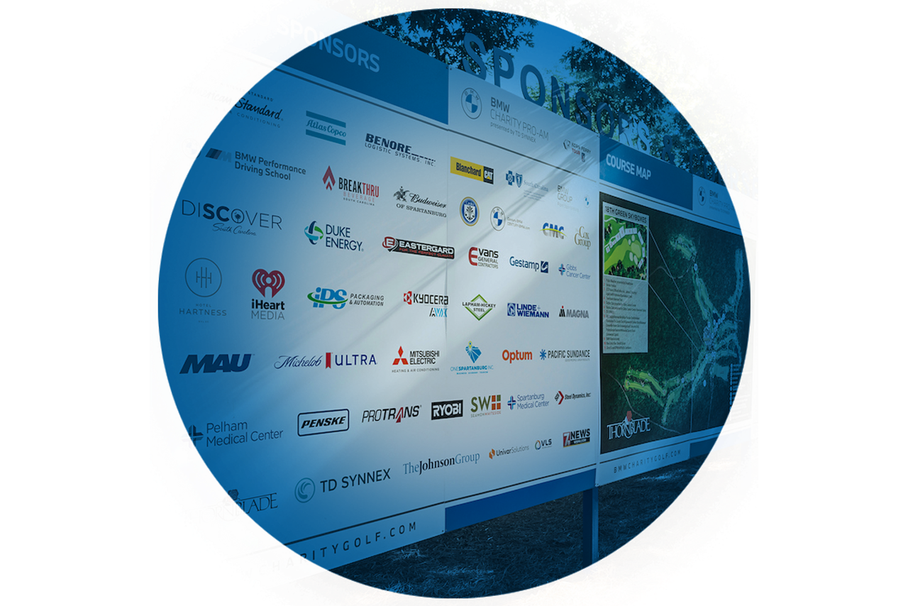 Scoreboard with golfer names and signs of sponsors