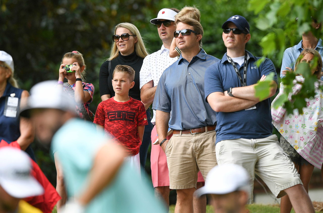 Patrons watch as players hit from the 18th tee during the conclusion of the 2nd round of the BMW Charity Pro-Am at Thornblade Club in Greer Saturday, June 8, 2019. [BART BOATWRIGHT/FOR THE SPARTANBURG HERALD-JOURNAL]