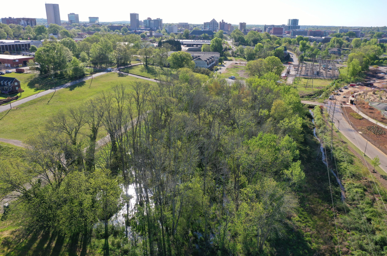 Aerial view of wetlands at Unity Park.