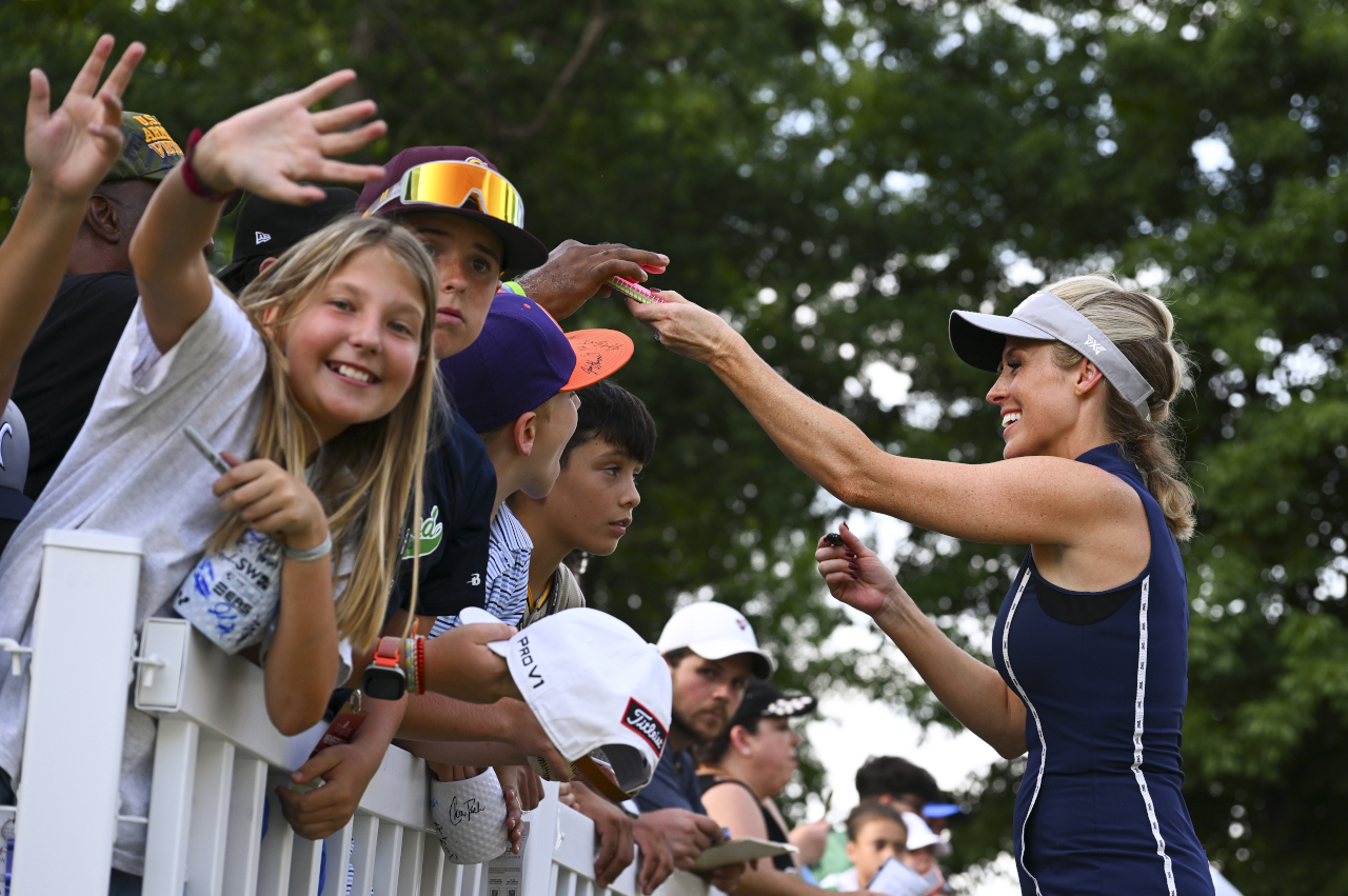 GREER, SC - JUNE 10:  Television personality Lauren Thompson signs autographs after the second round of the BMW Charity Pro-Am presented by TD SYNNEX at Thornblade Club on June 10,  2022 in Greer, South Carolina. (Photo by Tracy Wilcox/PGA TOUR via Getty Images)