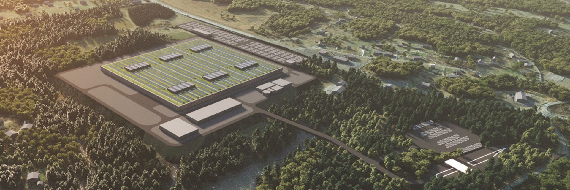 Woodruff plant drawing showing large building with parking lot surrounded by trees, an aerial view. 