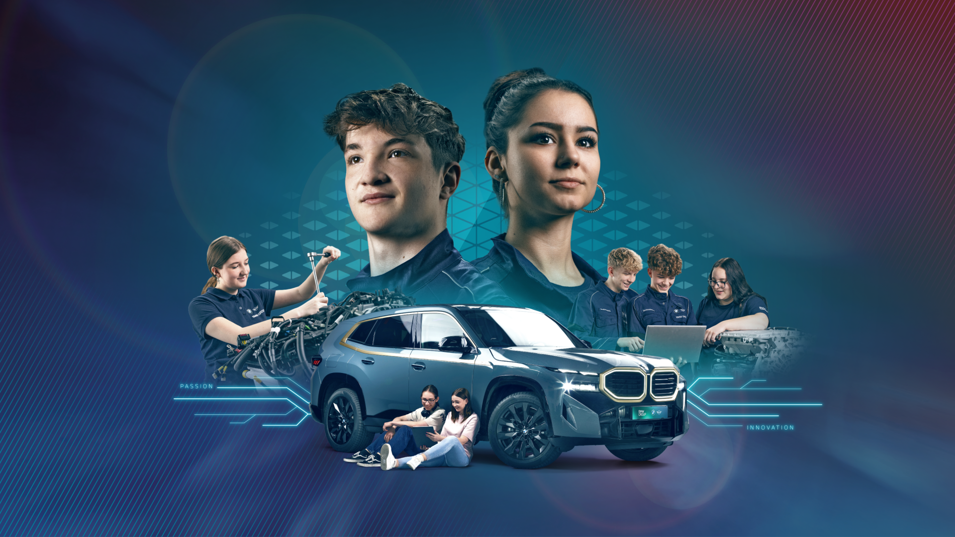 Wir sehen eine Collage aus mehreren jungen BMW Auszubildenden und einem BMW XM vor dem ein weiteres Pärchen sitzt.