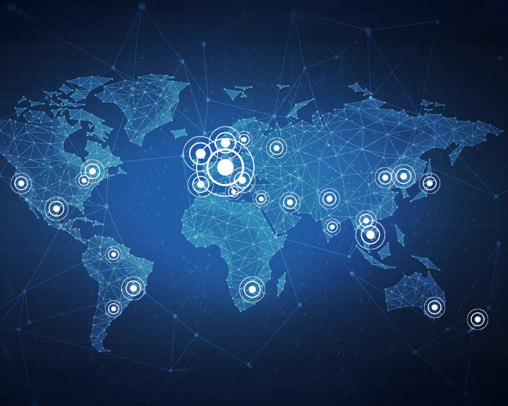 An abstract world map on which the BMW Group locations are marked.