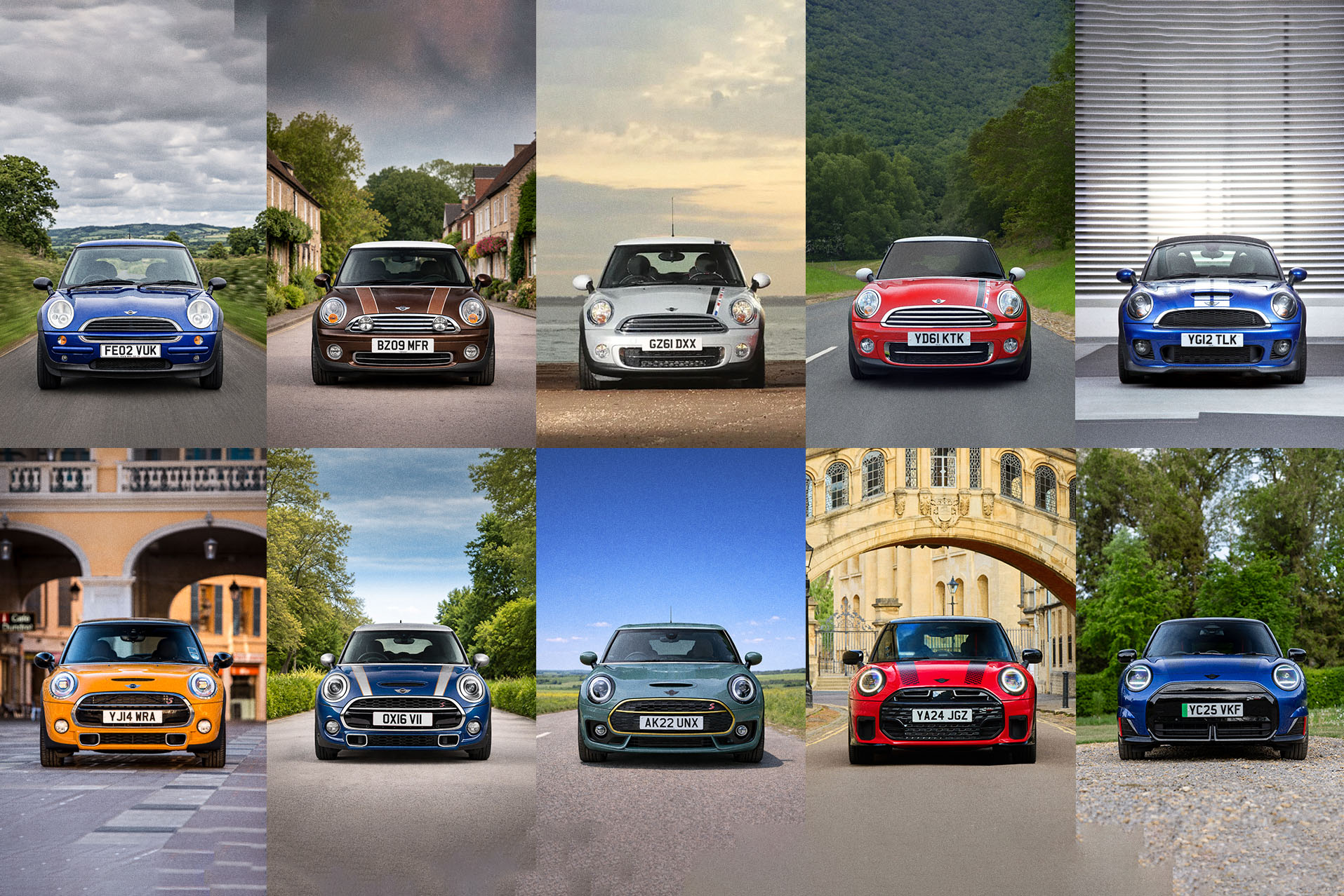 Ten Mini models shown frontally in two rows against various backgrounds including urban, natural, and architectural settings.