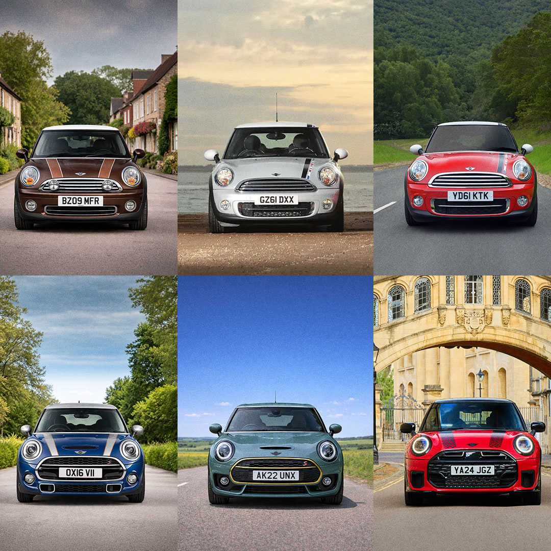 6 Mini models shown frontally in two rows against various backgrounds including urban, natural, and architectural settings.