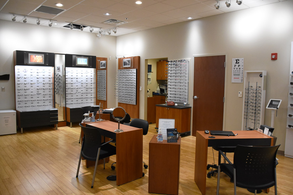 The on-site vision center has wall panels with numerous frames available for associate to chose from.